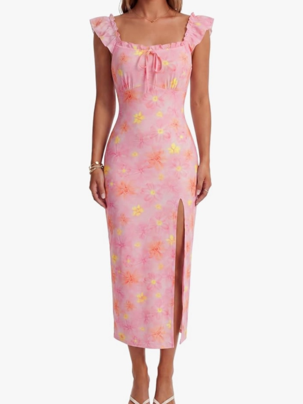 Charming pink floral midi dress with a tie-front bodice and ruffle straps. Soft